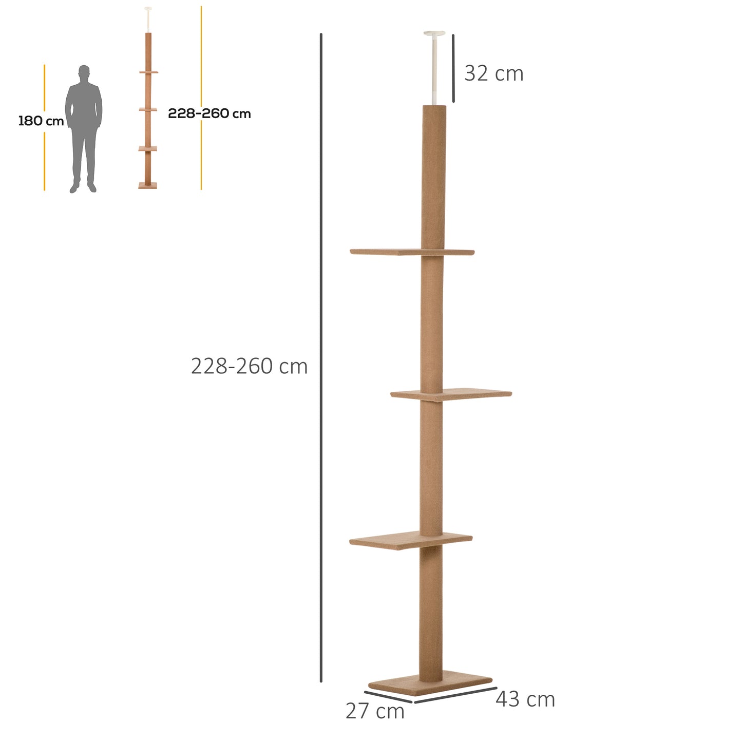 Pawhut Árbol Para Gatos Del Suelo Al Techo 43x27x228-260 Cm Con Altura Ajustable_2