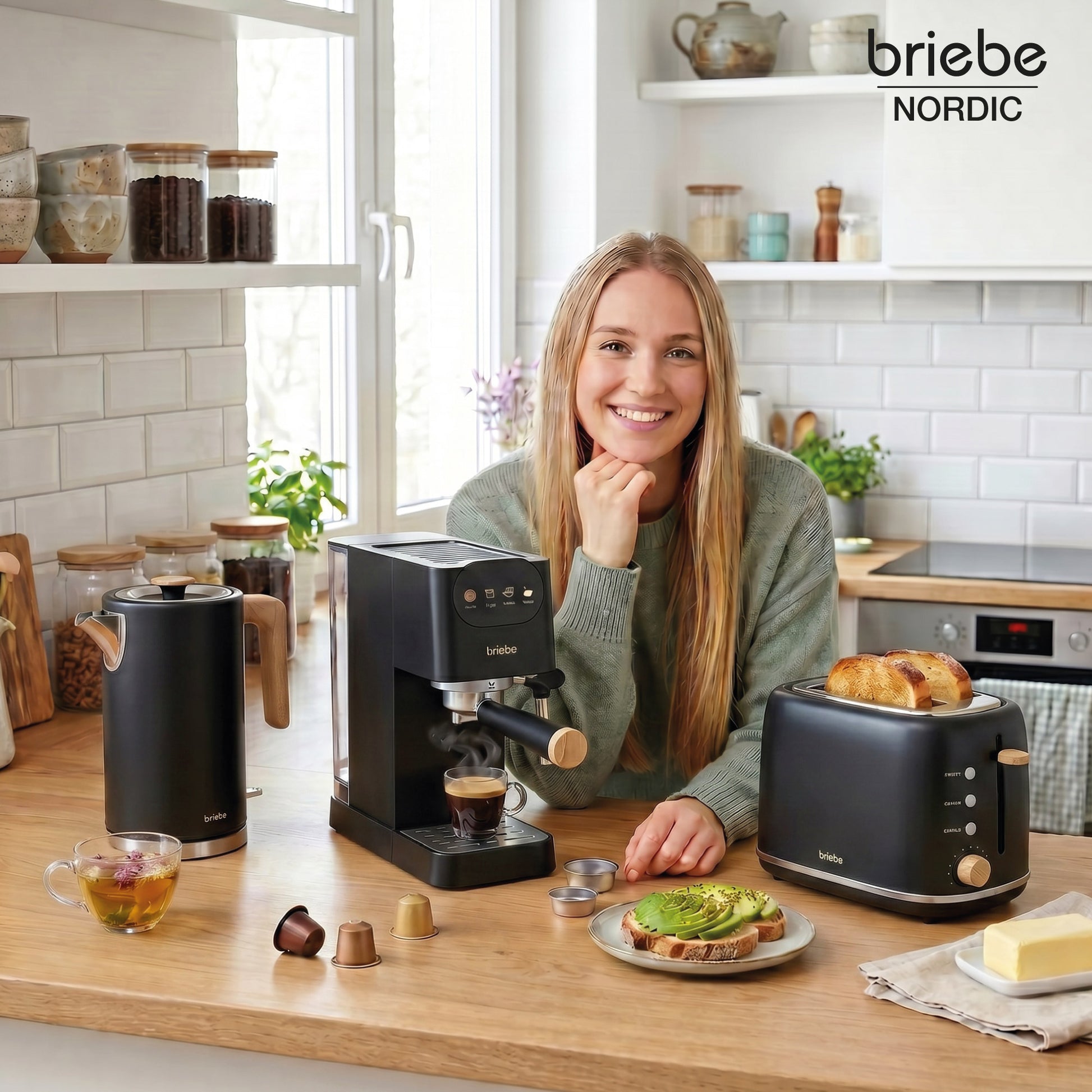 Briebe Nordic Set Cafetera Espresso 20 Bares, Tostadora Pan 2 Rebanadas, Hervidor Eléctrico Agua 1,7l, Skt1209blk, Negro_1