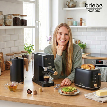 Briebe Nordic Set Cafetera Espresso 20 Bares, Tostadora Pan 2 Rebanadas, Hervidor Eléctrico Agua 1,7l, Skt1209blk, Negro_1
