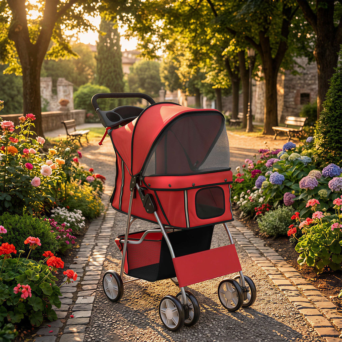 Pawhut Carrito Para Perros Plegable Con Cesta De Almacenaje 77x44x102 Cm Rojo_1