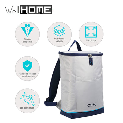 Well Home Mochila Cooler Bag 25 Litros En Poliéster 420d Con Ribete En Azul Neón_1