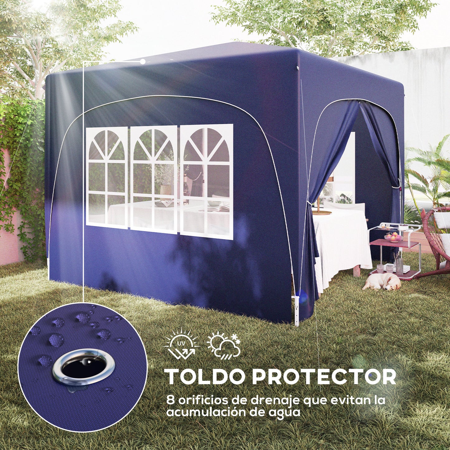 Outsunny Carpa Plegable Gazabo 3x3 M Con Paneles Laterales Upf50+ Azul Oscuro_5