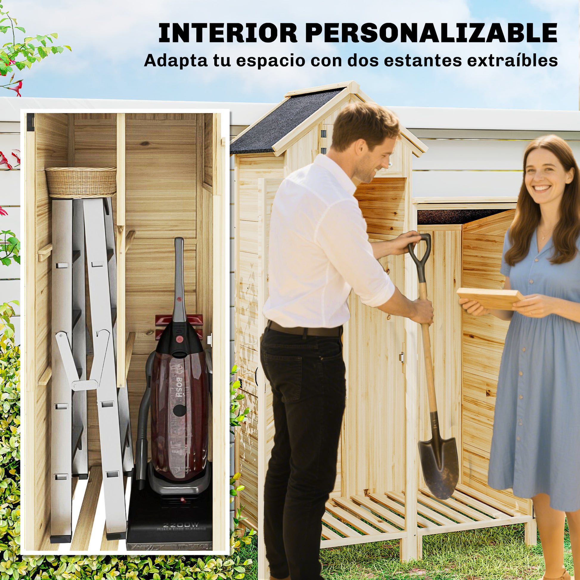 Outsunny Caseta De Jardín De Madera 106x57x167 Cm Con Doble Zona Y 2 Estantes_5