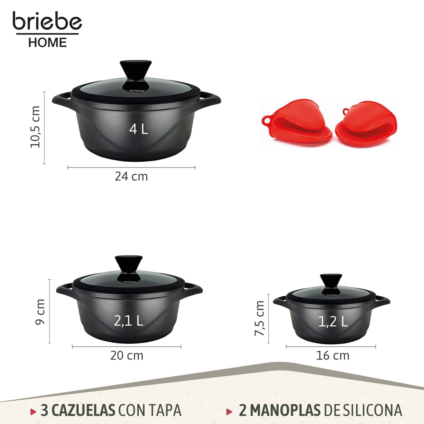 Briebe Batería De Cocina Inducción 6 Piezas Aluminio Fundido 3 Ollas Con Tapa De Cristal Antiadherente, Mgk-18s, Negro_2