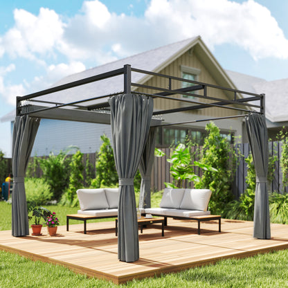 Outsunny Pérgola De Jardín 3x3 M Con Techo Retráctil Y Cortinas Anti-uv Gris_3