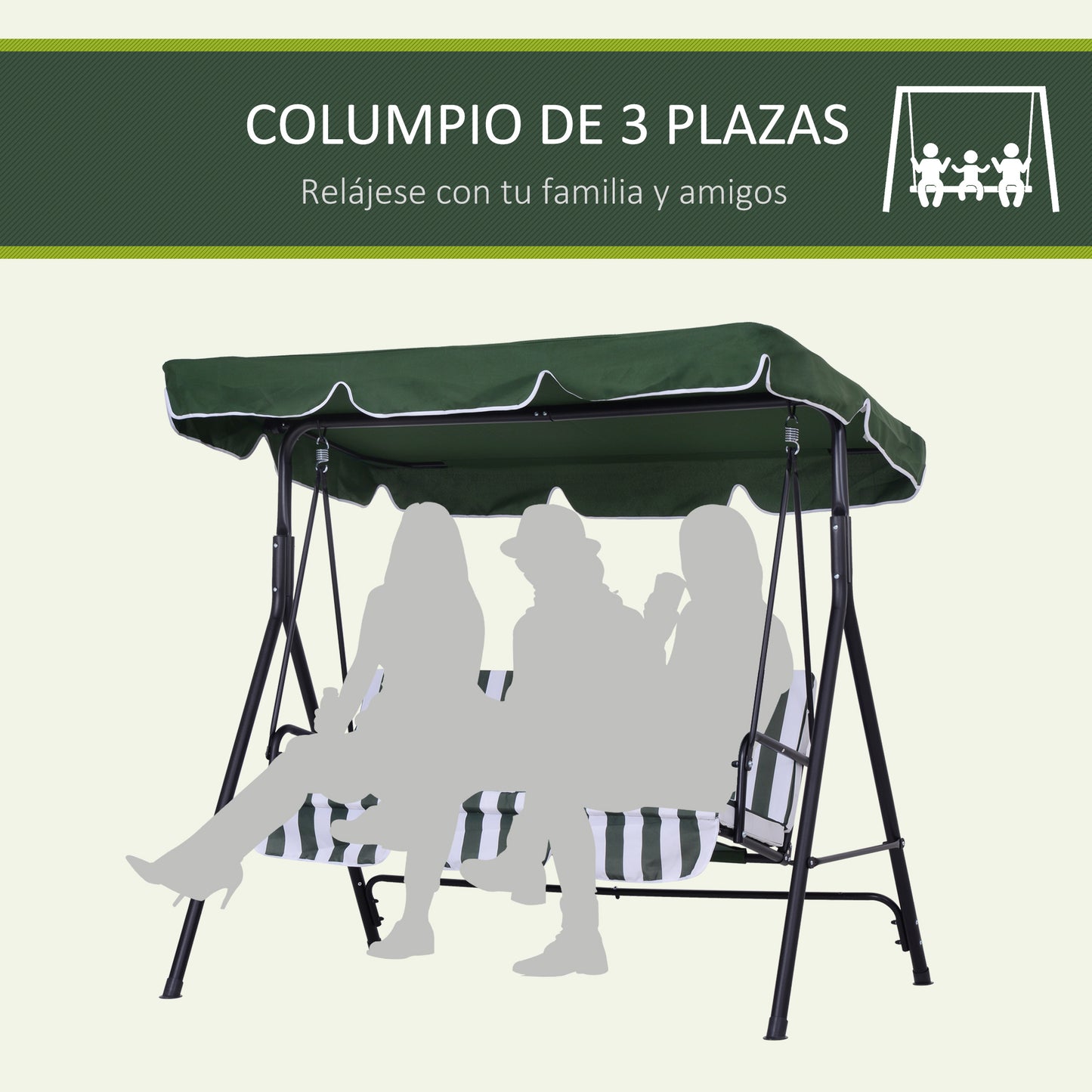 Outsunny Columpio De Jardín De 3 Plazas Con Techo Ajustable 172x110x153cm Verde_5