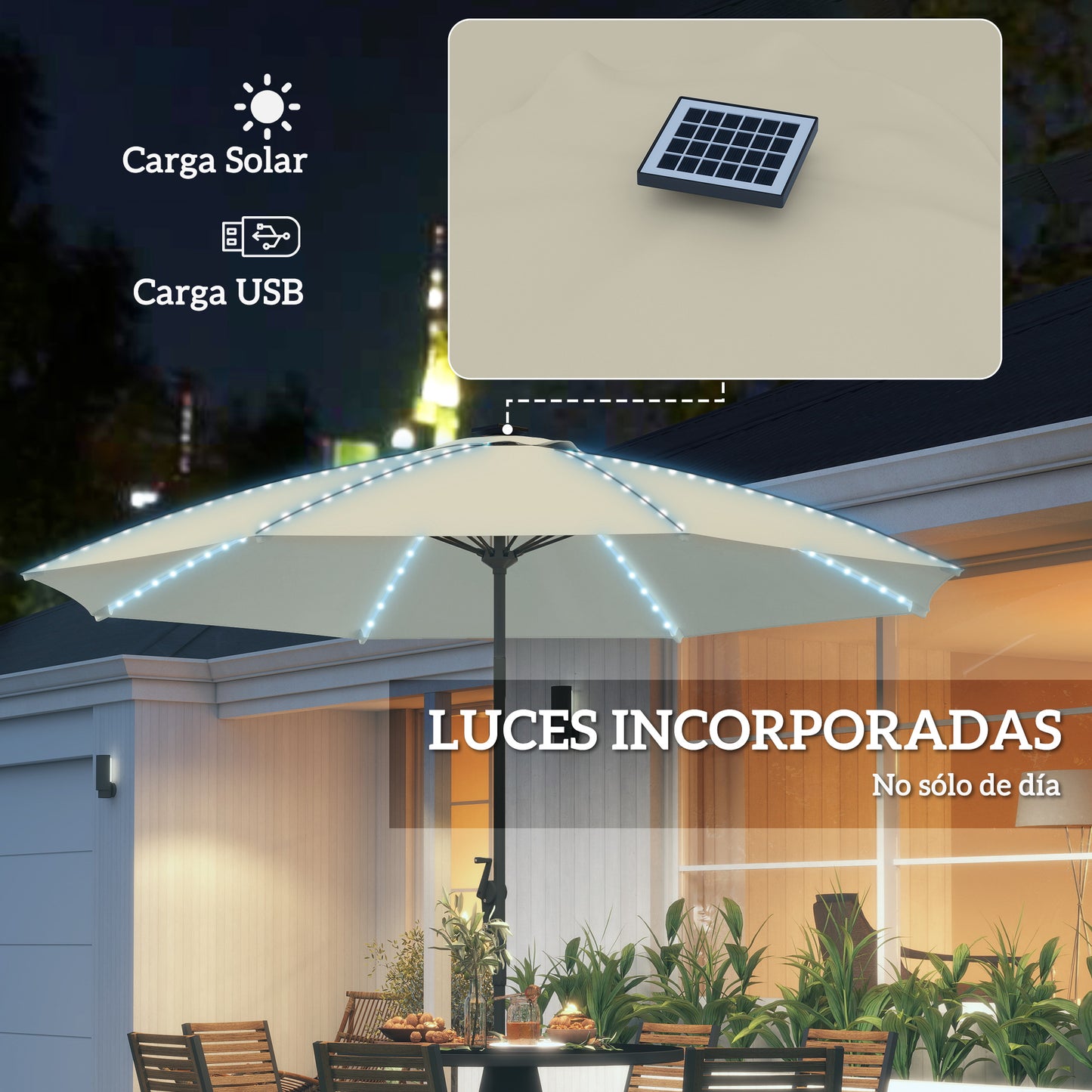 Outsunny Sombrilla Terraza Exterior Con Luces Led Ø300x256 Cm Con Manivela Crema_4