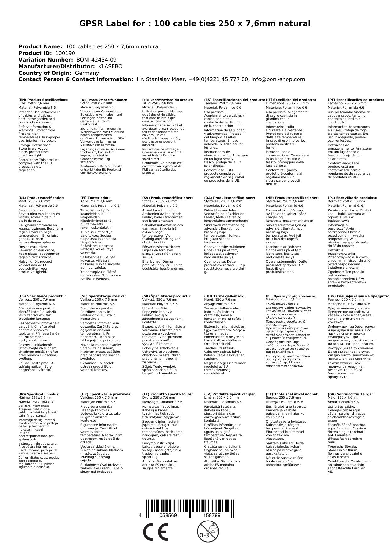 Bridas Reutilizables 250 X 7,6mm, Natural, 100 Unidades