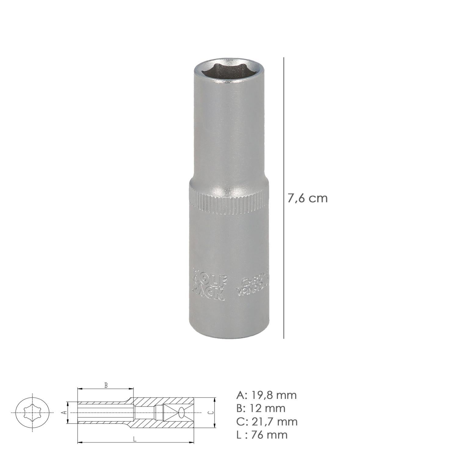 Llave Vaso 1/2 Hexagonal Larga 13 Mm. Perfil De 6 Caras. Acero Cromo Vanadio, Aristas Redondas