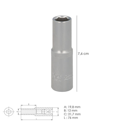 Llave Vaso 1/2 Hexagonal Larga 13 Mm. Perfil De 6 Caras. Acero Cromo Vanadio, Aristas Redondas