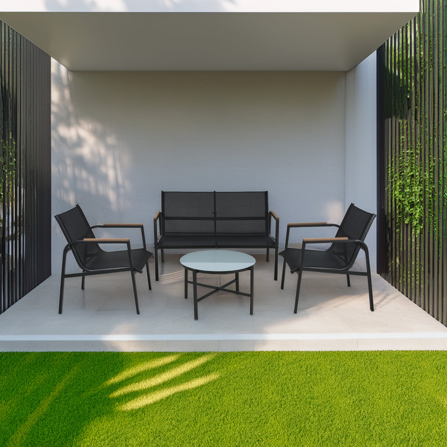 Well Home Conjunto De Muebles De Jardín De 4 Piezas De Diseño En Acero Galvanizado Y Vidrio Acabado De Mármol_3