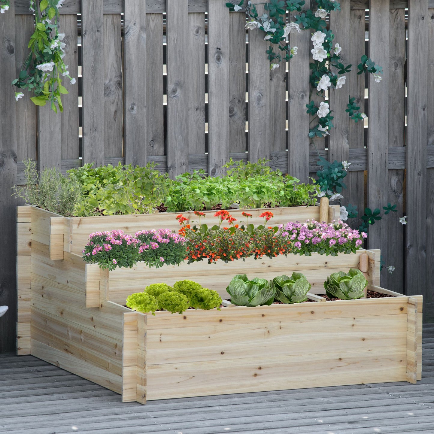 Outsunny Jardinera De Madera 3 Niveles Con Tela Geotextil Para Cultivos Plantas_1