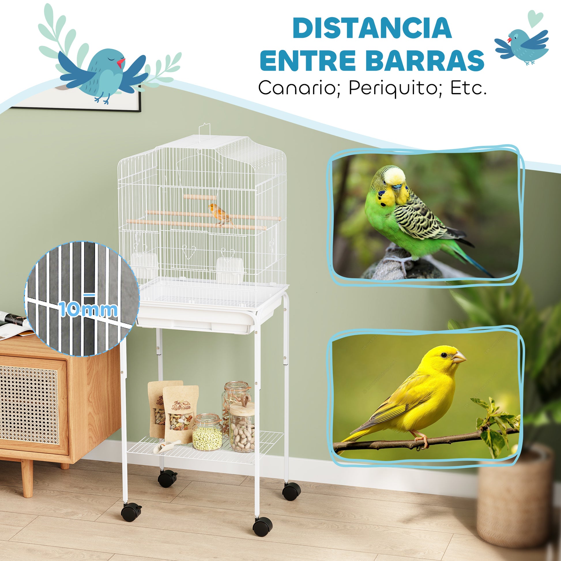 Pawhut Jaula Para Pájaros Con Ruedas Estante Comederos 46,5x36x124 Cm Blanco_5