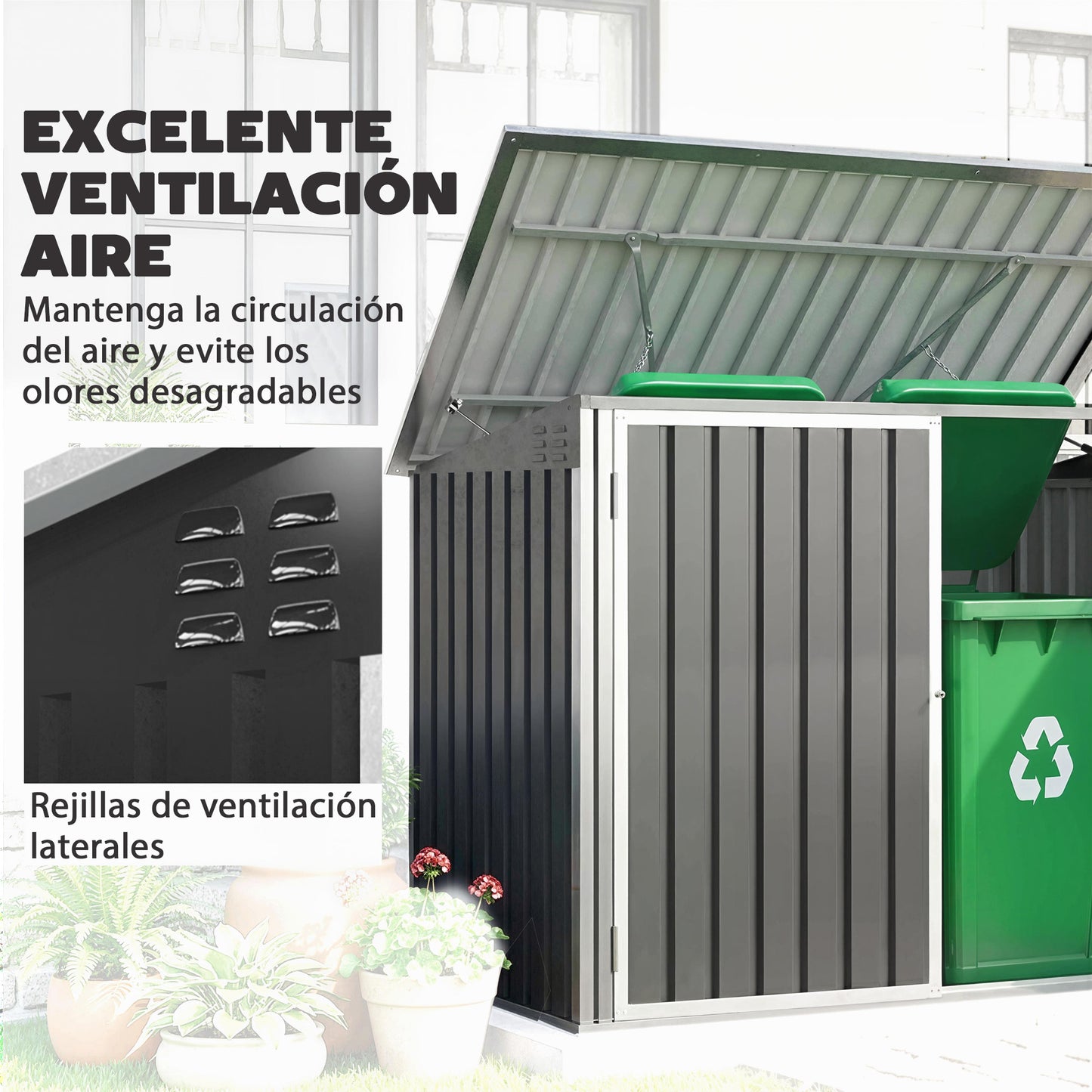 Outsunny Cobertizo Para Contenedor De Basura Doble Gris Oscuro_5
