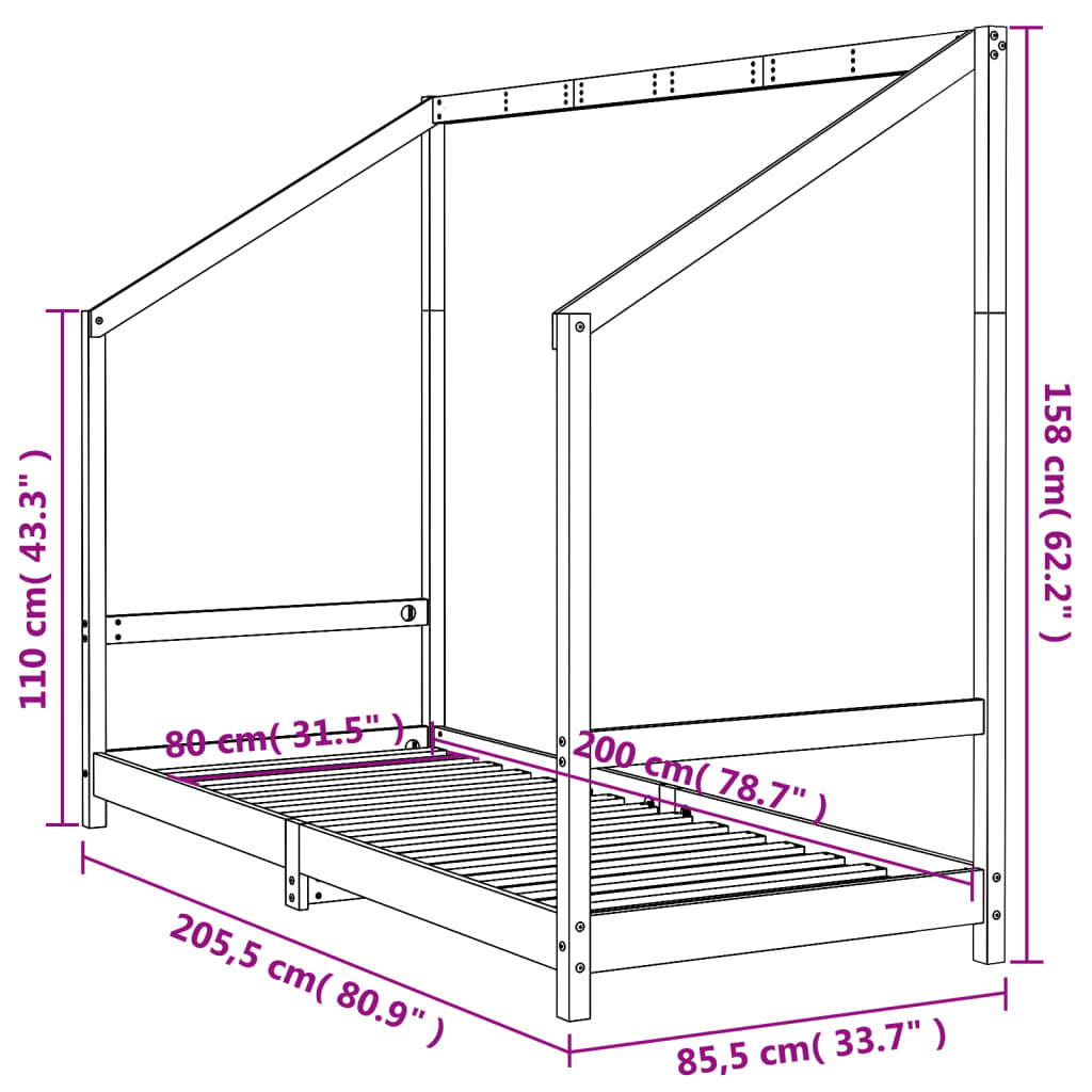 Estructura De Cama Para Niños Madera Maciza De Pino 80x200 Cm / Vetonek_2