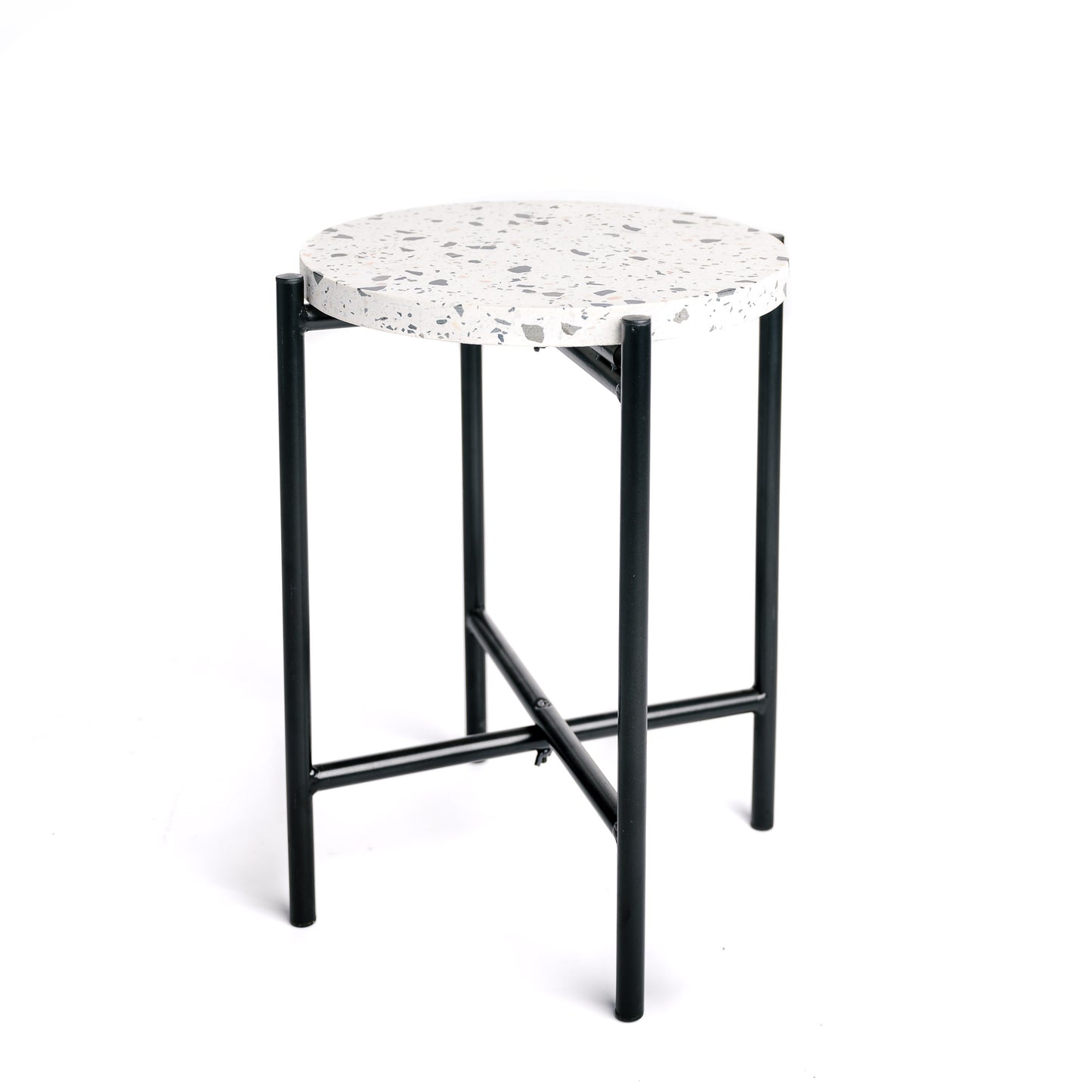 Mesa Auxiliar Redonda De Metal Negro Industrial, Tapa De Terrazo 33x40cm- Muebles De Salón- Mesa Auxiliar_0