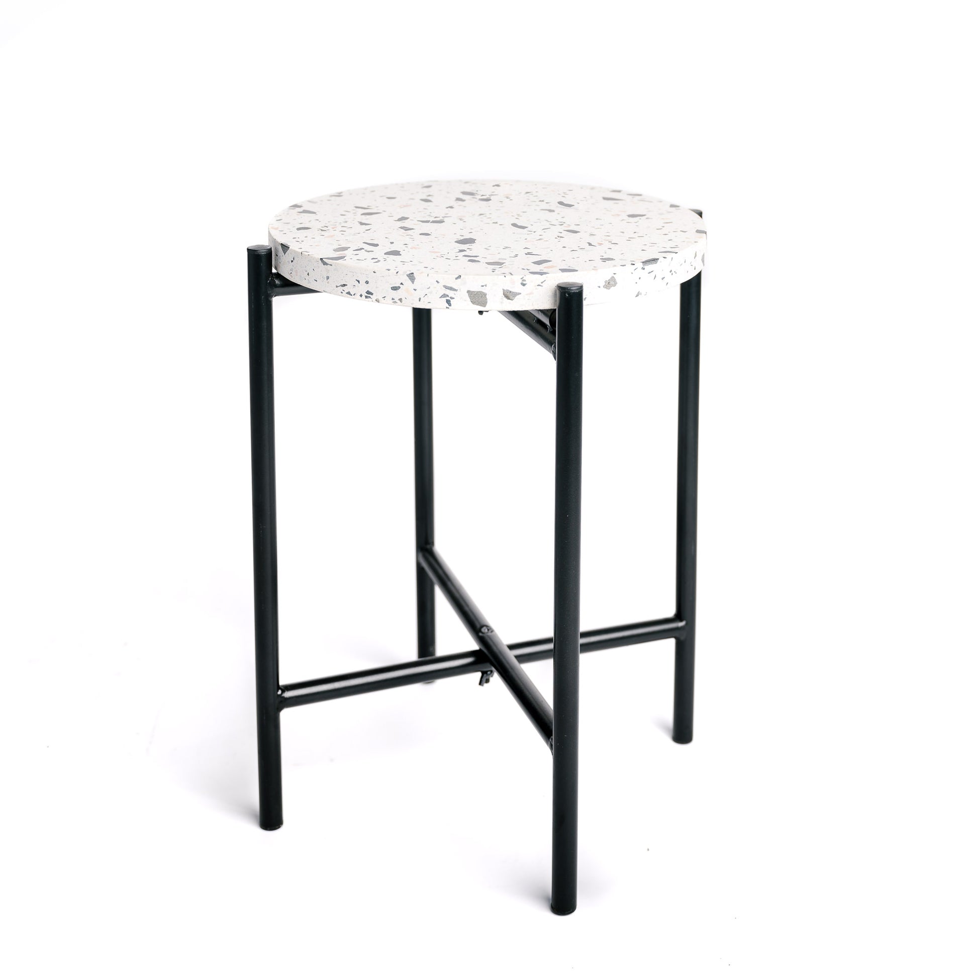 Mesa Auxiliar Redonda De Metal Negro Industrial, Tapa De Terrazo 33x40cm- Muebles De Salón- Mesa Auxiliar_0