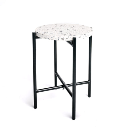 Mesa Auxiliar Redonda De Metal Negro Industrial, Tapa De Terrazo 33x40cm- Muebles De Salón- Mesa Auxiliar_0
