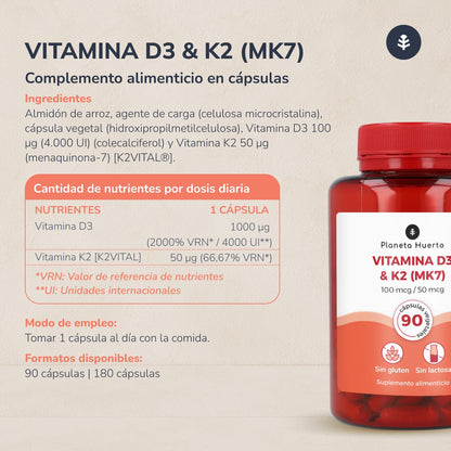 Vitamina D3 & K2 (Mk7) Planeta Huerto 90 Caps