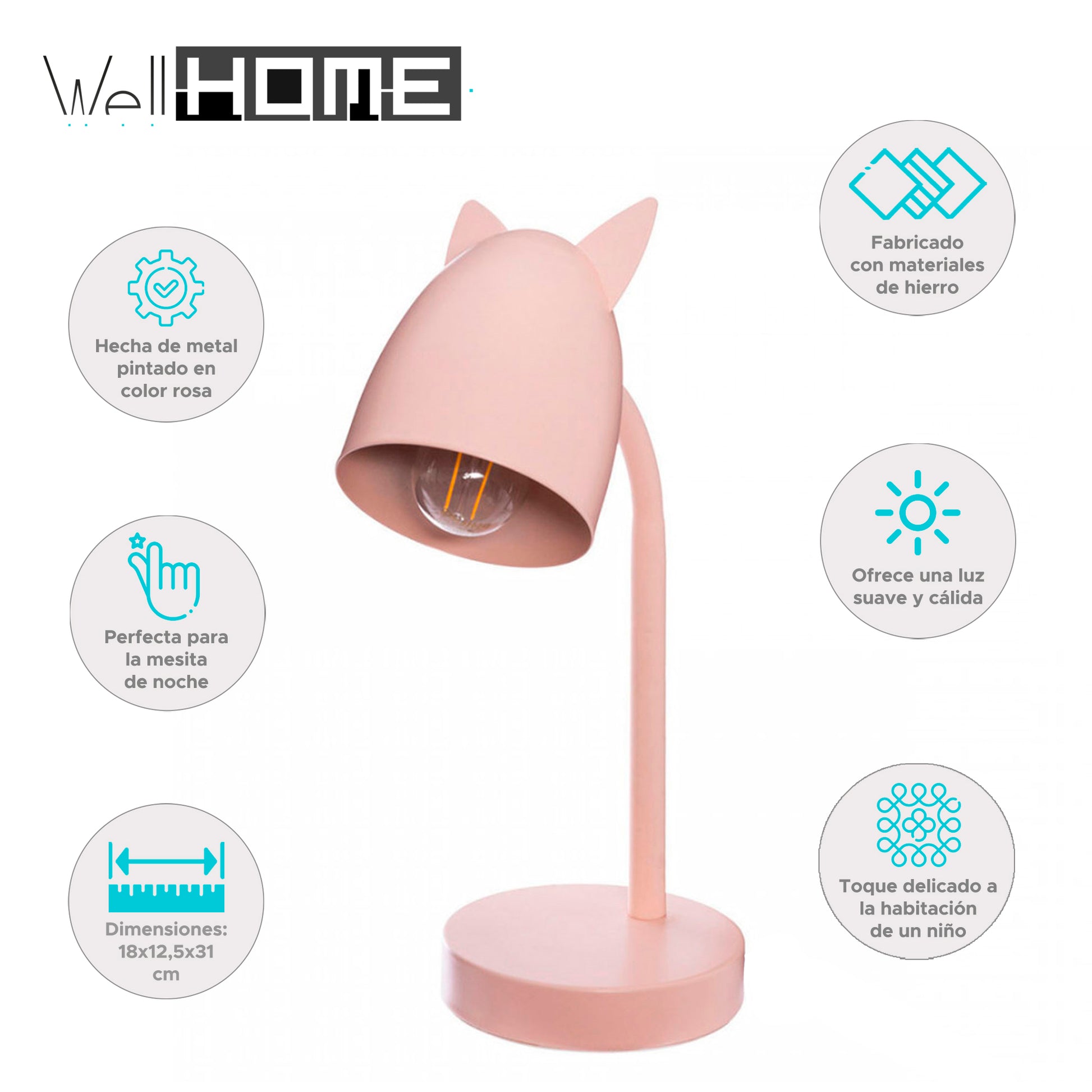 Wellhome Lámpara Infantil Orejas De Metal Rosa 18x12,5x31cm