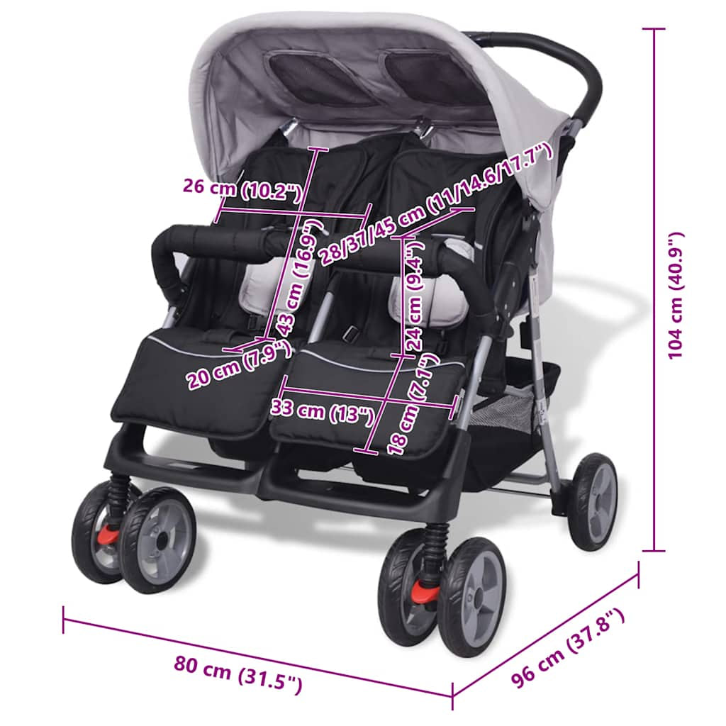 Vidaxl Cochecito Gemelar De Acero Gris Y Negro_2