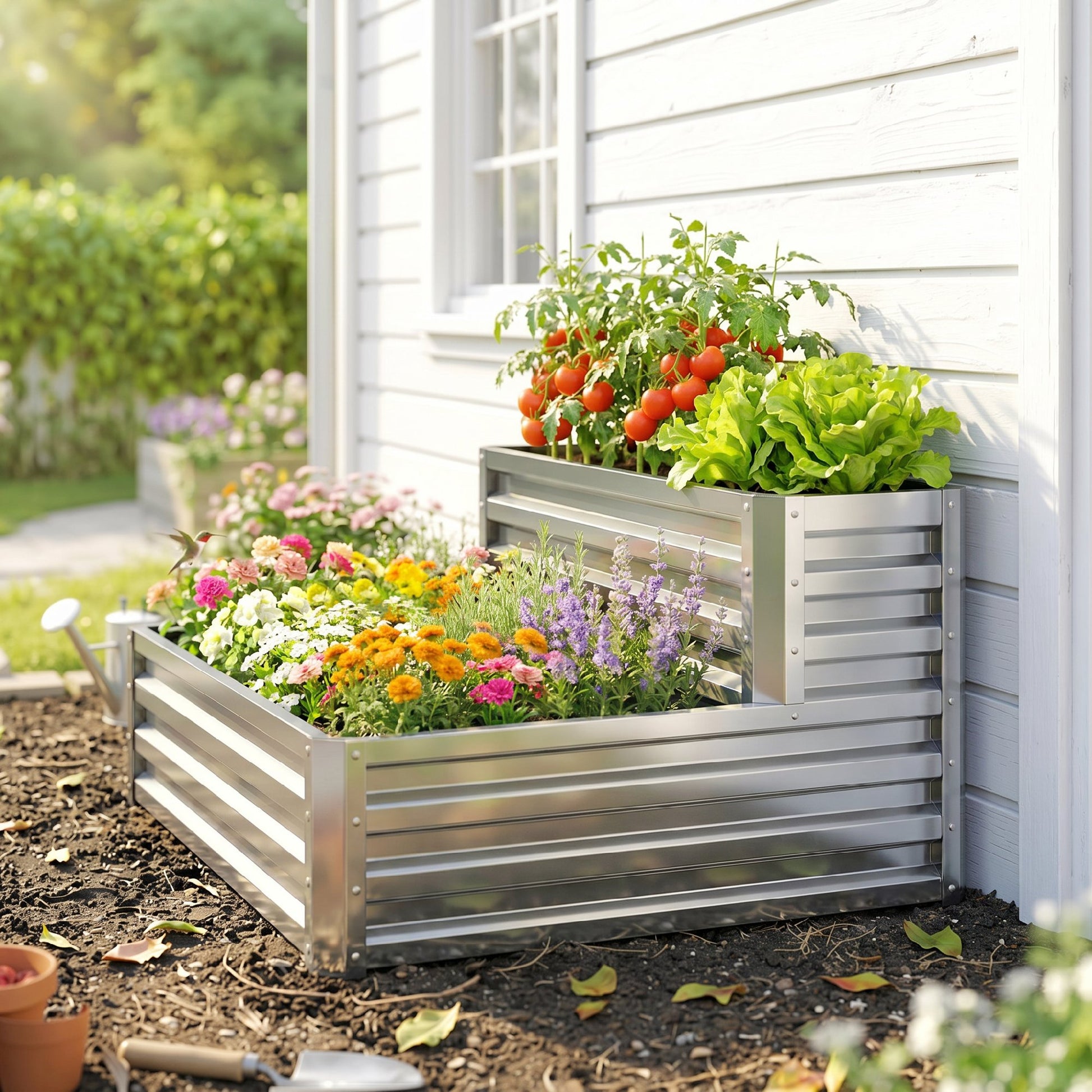 Outsunny Huerto Urbano De 2 Niveles Diseño De Escalera 120x101x58 Cm Plateado_3
