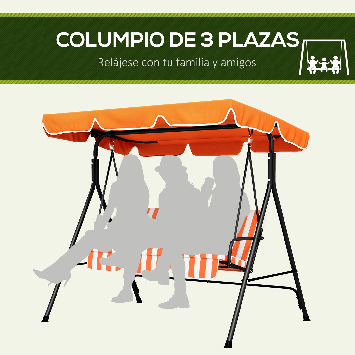 Outsunny Columpio De Jardín De 3 Plazas Techo Ajustable 172x110x153 Cm Naranja_5