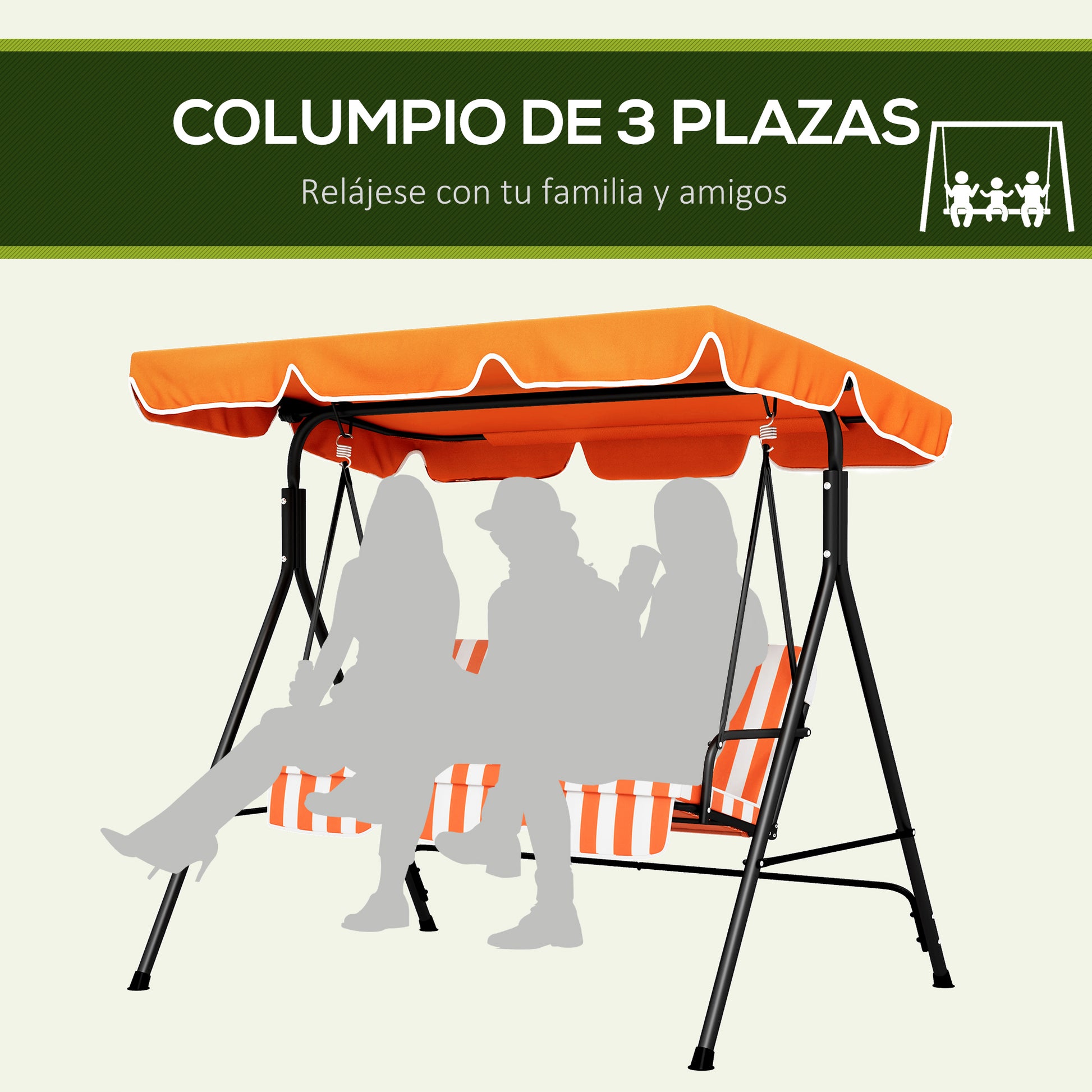 Outsunny Columpio De Jardín De 3 Plazas Techo Ajustable 172x110x153 Cm Naranja_5