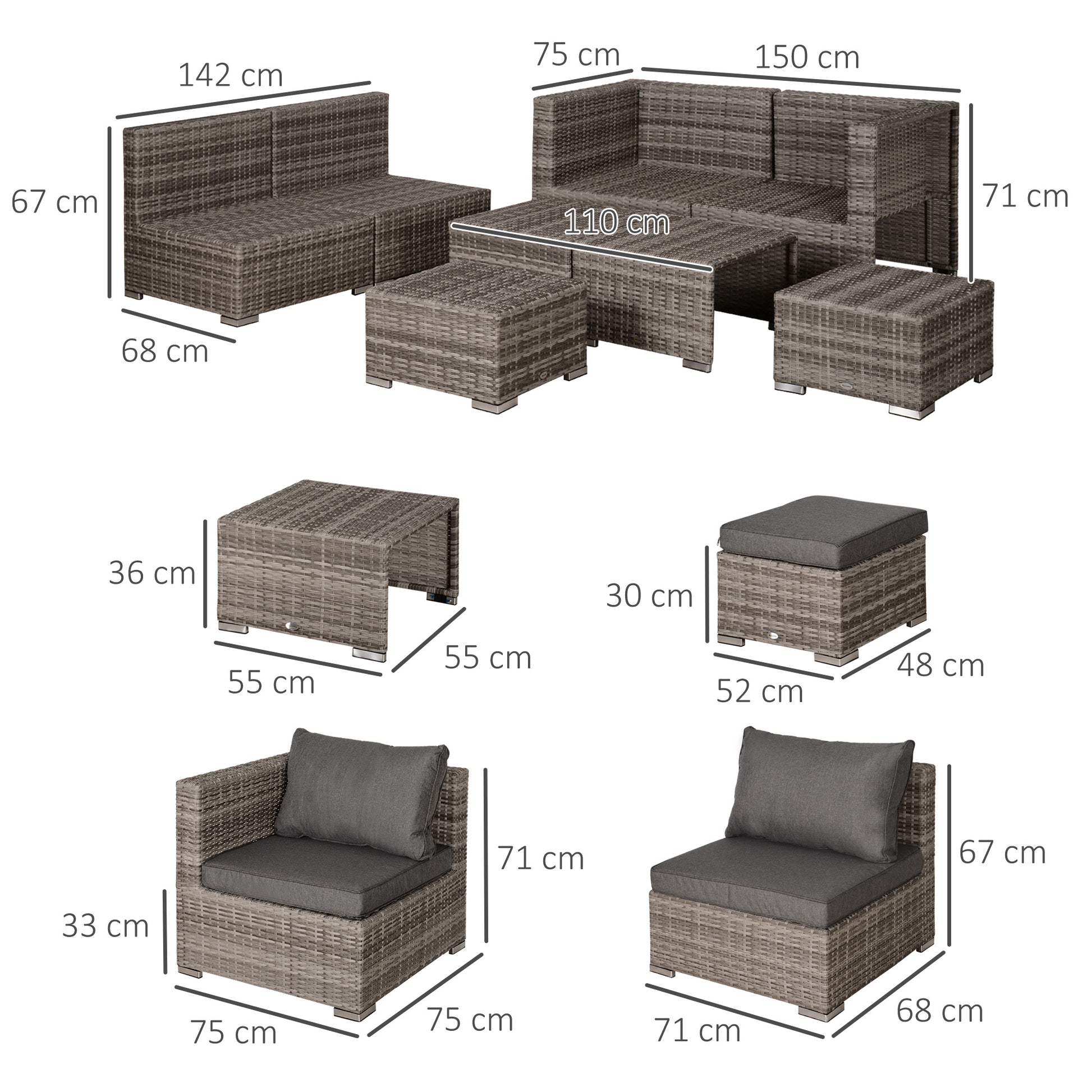 Outsunny Conjunto 8 Piezas De Sofás Ratán Con Mesa De Centro Y Reposapiés_2