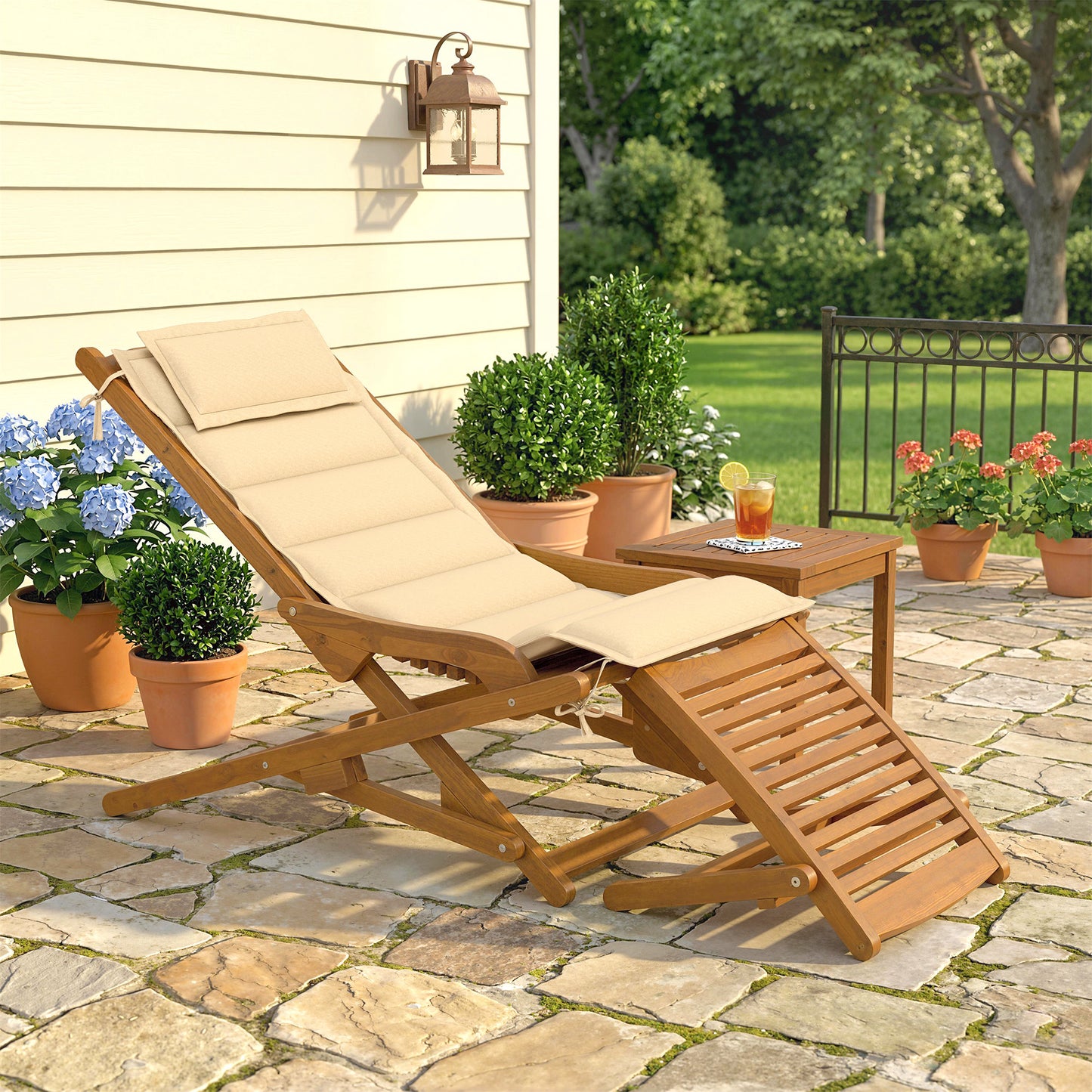 Outsunny Tumbona Silla Plegable De Madera Con Reposapiés Desmontable Y Cojín_1