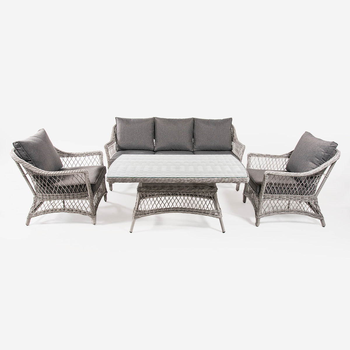 Conjunto Sofás De Jardín, Mesa Centro 140 Cm, 2 Butacas Y 1 Sofá 3 Plazas, Color Gris, Aluminio Y Rattán Sintético Abierto Redondo, 5 Plazas_2