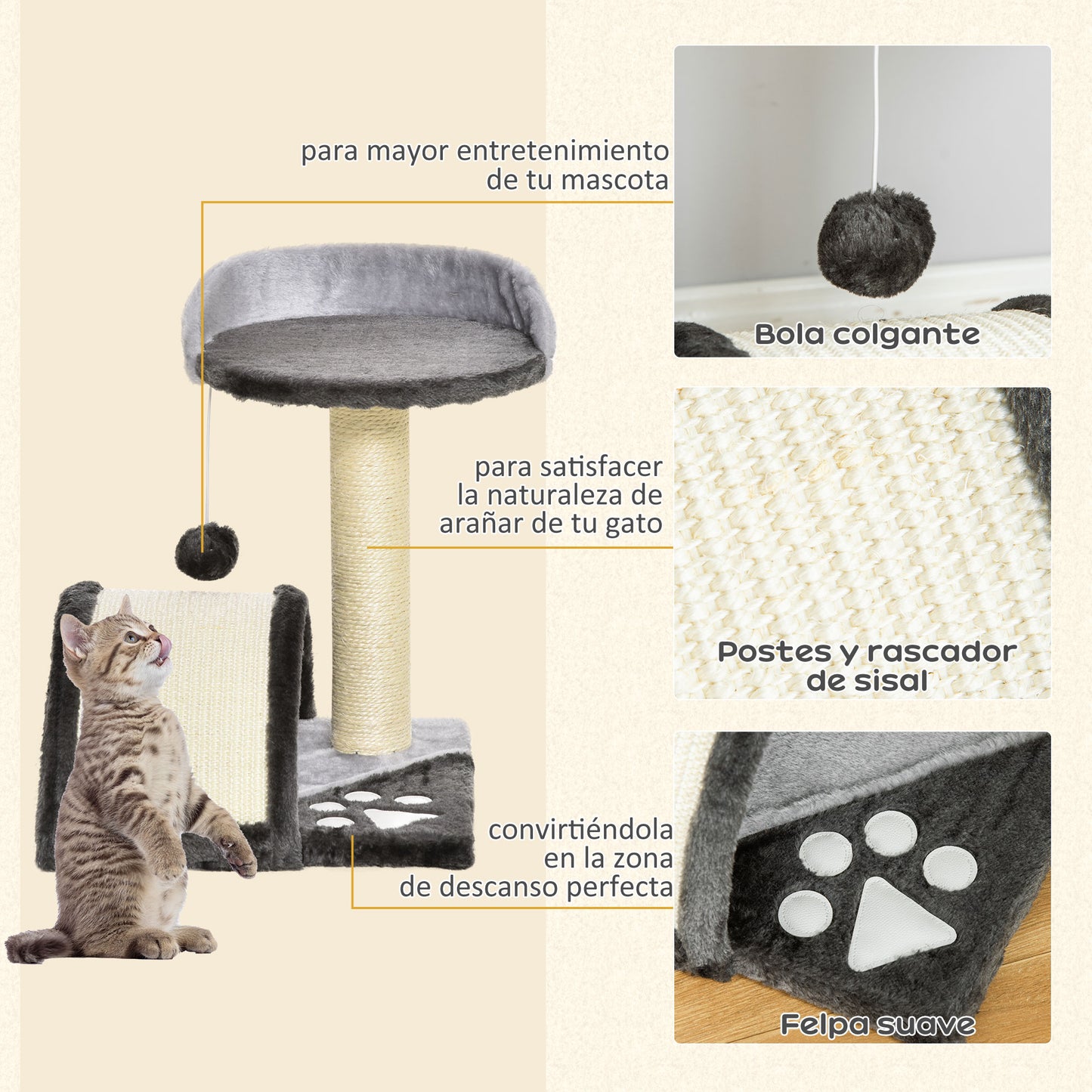 Pawhut Árbol Rascador Para Gatos 2 Niveles Con Poste Tablero Para Rascar Gris_4