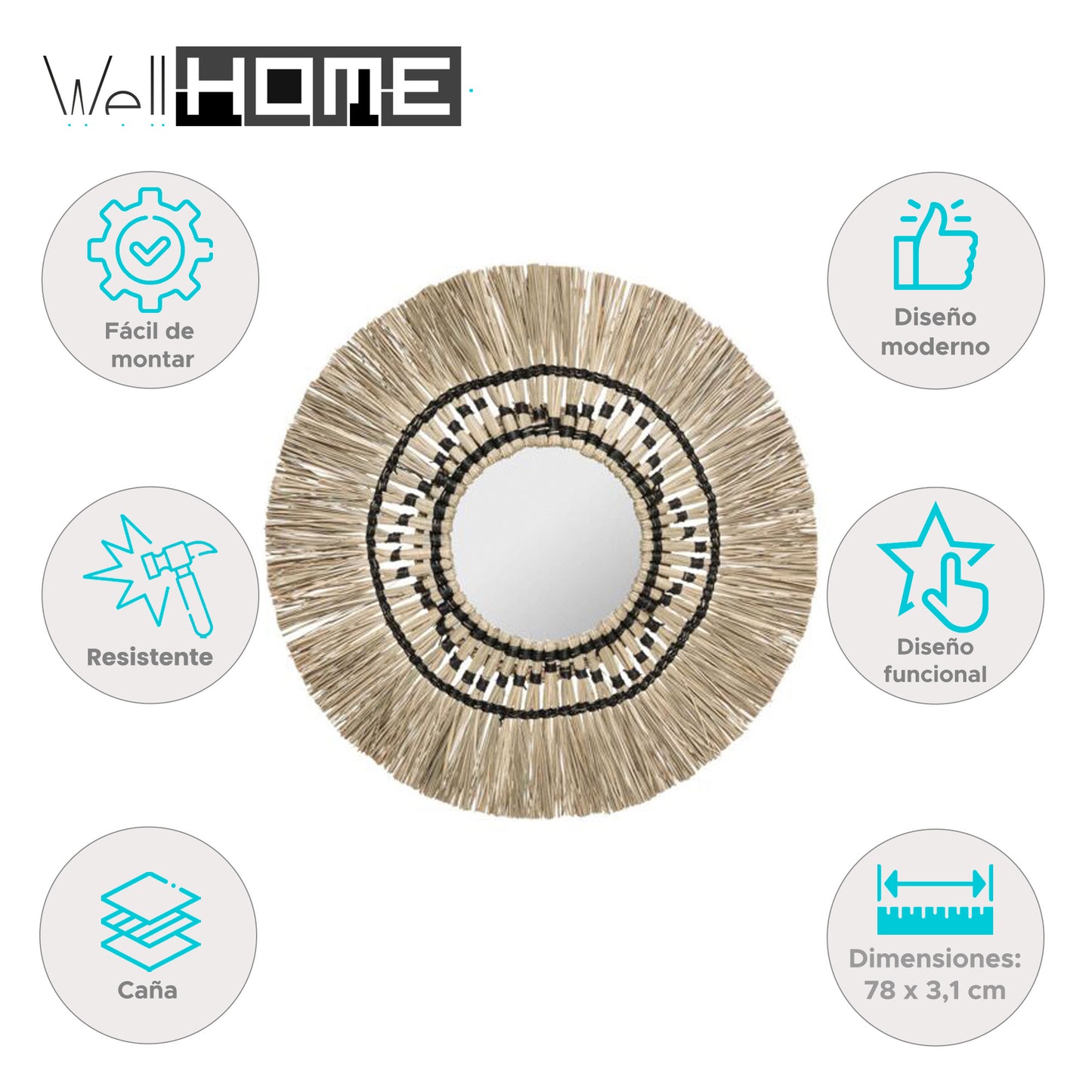 Well Home - Espejo Decorativo 'isa' Con Tejido De Caña - Ø78 X 3,1cm_1