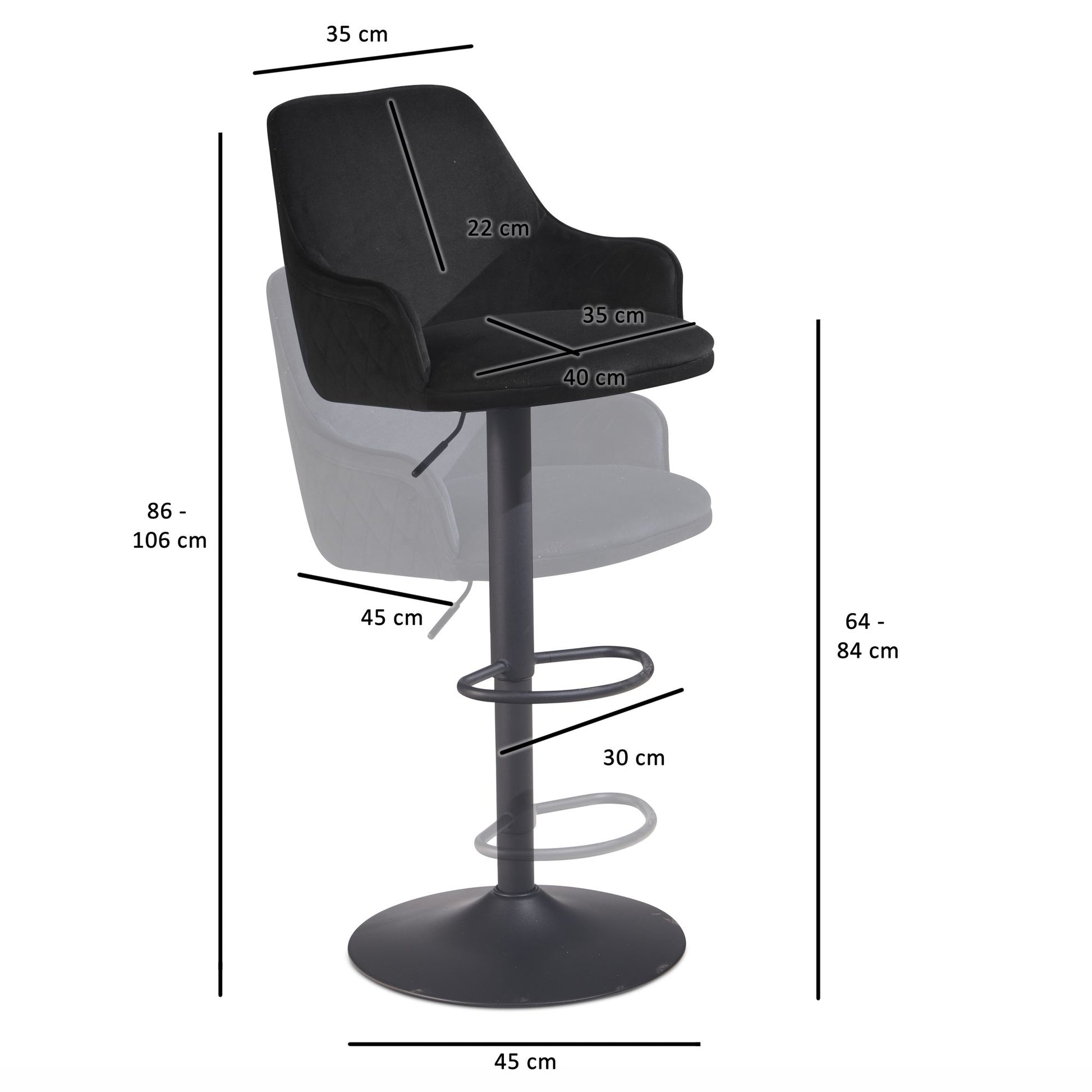 Taburete De Bar, Terciopelo Negro Con Respaldo 86 - 106 Cm_3