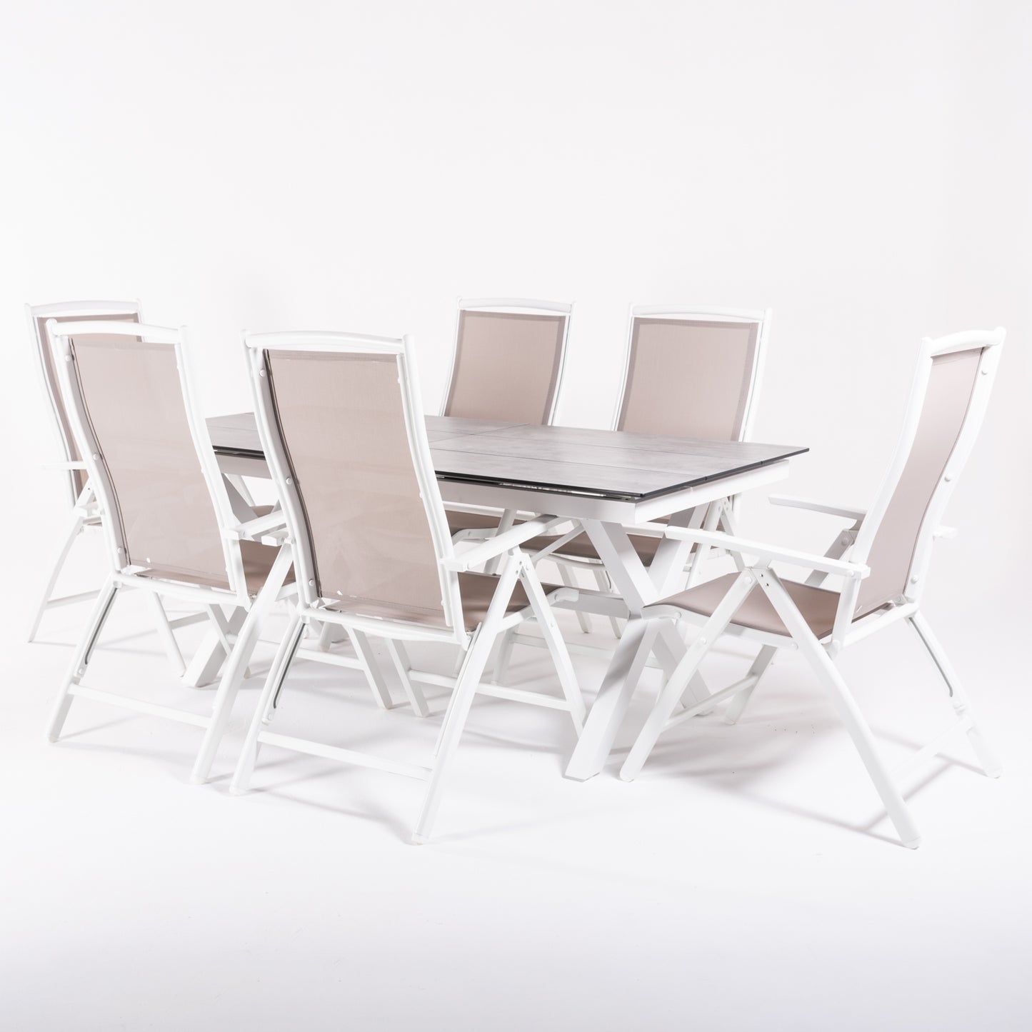 Conjunto De Mesas Y Sillas Reclinables De Terraza, Mesa Extensible 180 A 240 Cm, Aluminio Y Hpl, Color Blanco_2