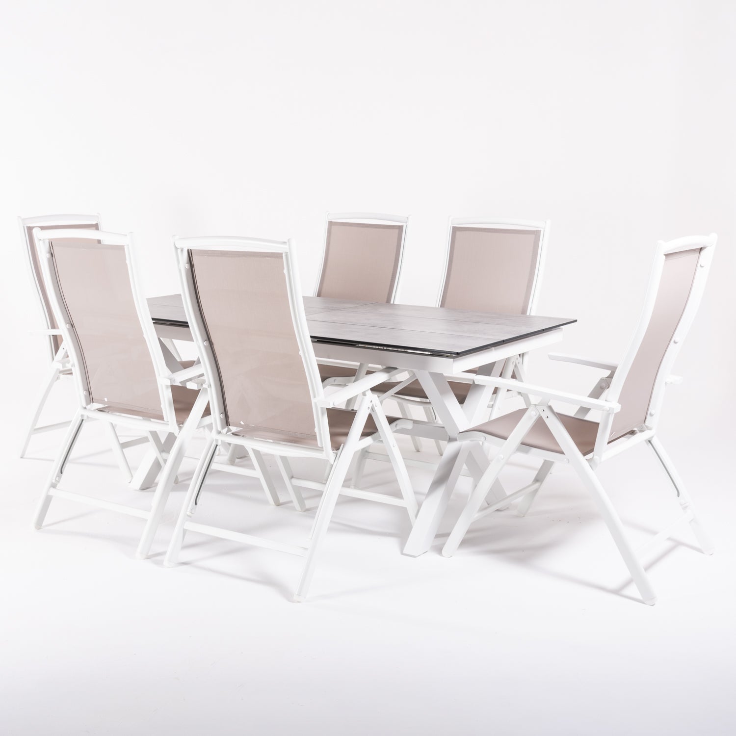 Conjunto De Mesas Y Sillas Reclinables De Terraza, Mesa Extensible 180 A 240 Cm, Aluminio Y Hpl, Color Blanco_2