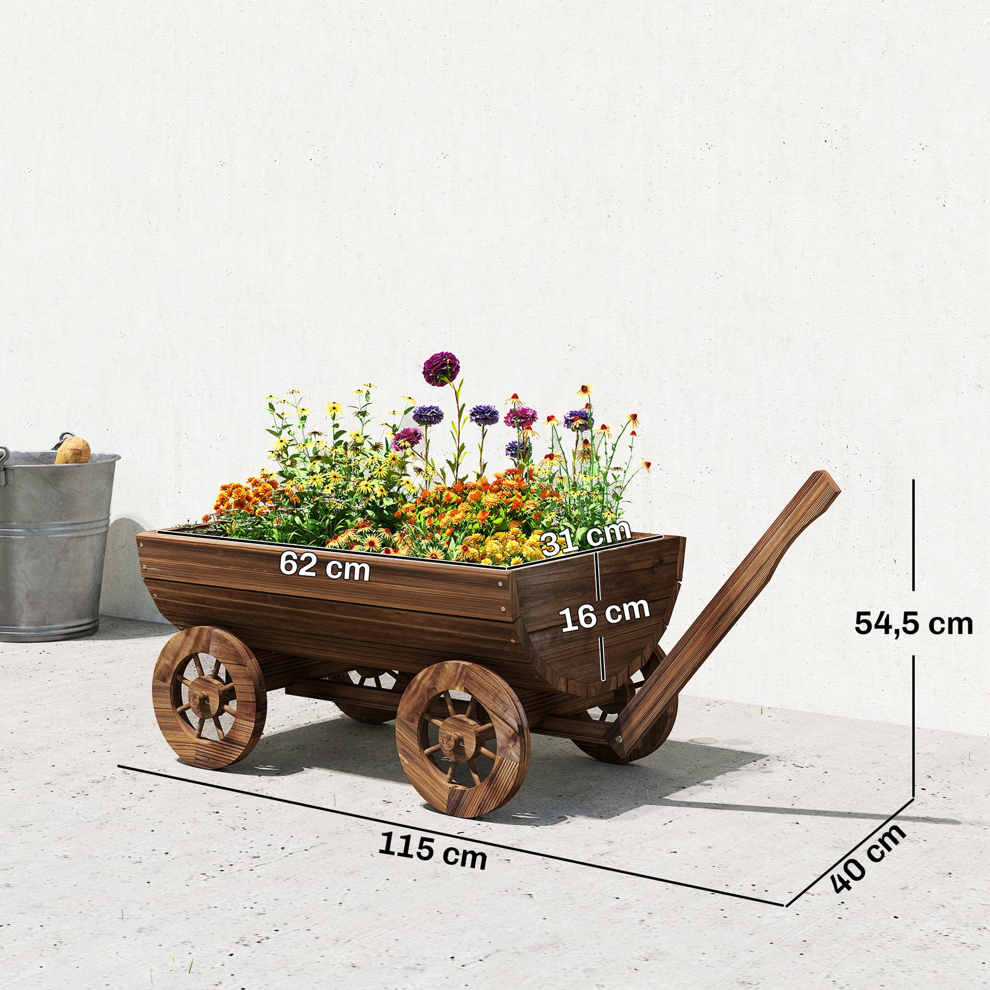 Outsunny Carrito De Madera Con 4 Ruedas Y Mango Drenaje 115x40x54,5 Cm_2
