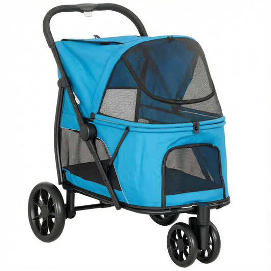 Pawhut Carrito Para Perros Medianos Plegable Con 3 Ruedas Cojín Lavable Azul_0