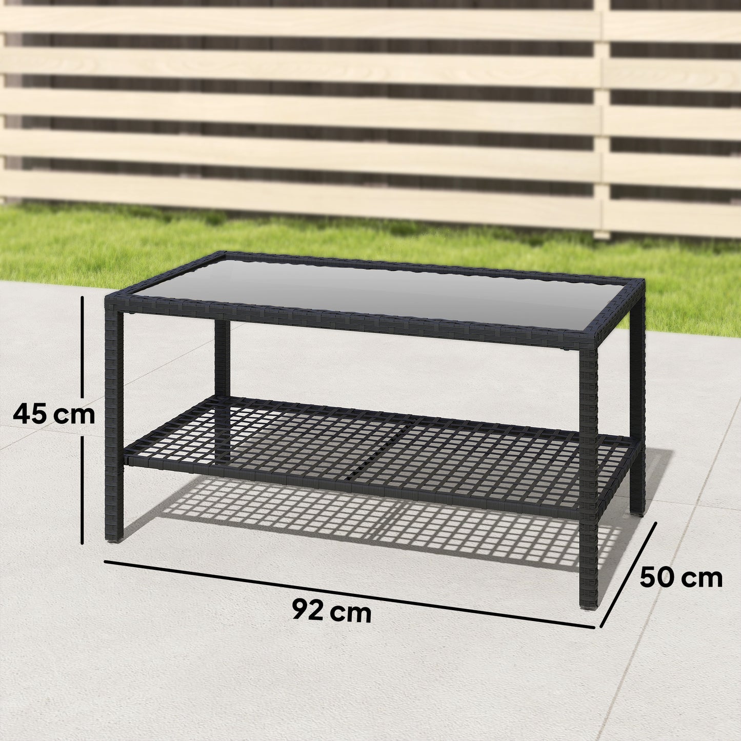 Outsunny Mesa De Jardín De Ratán Con Estante Tablero De Vidrio Templado Negro_2