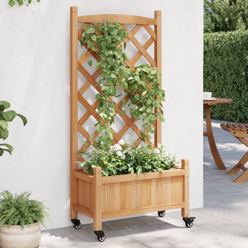 Jardinera Con Enrejado Y Ruedas Madera Maciza De Abeto Marrón_1