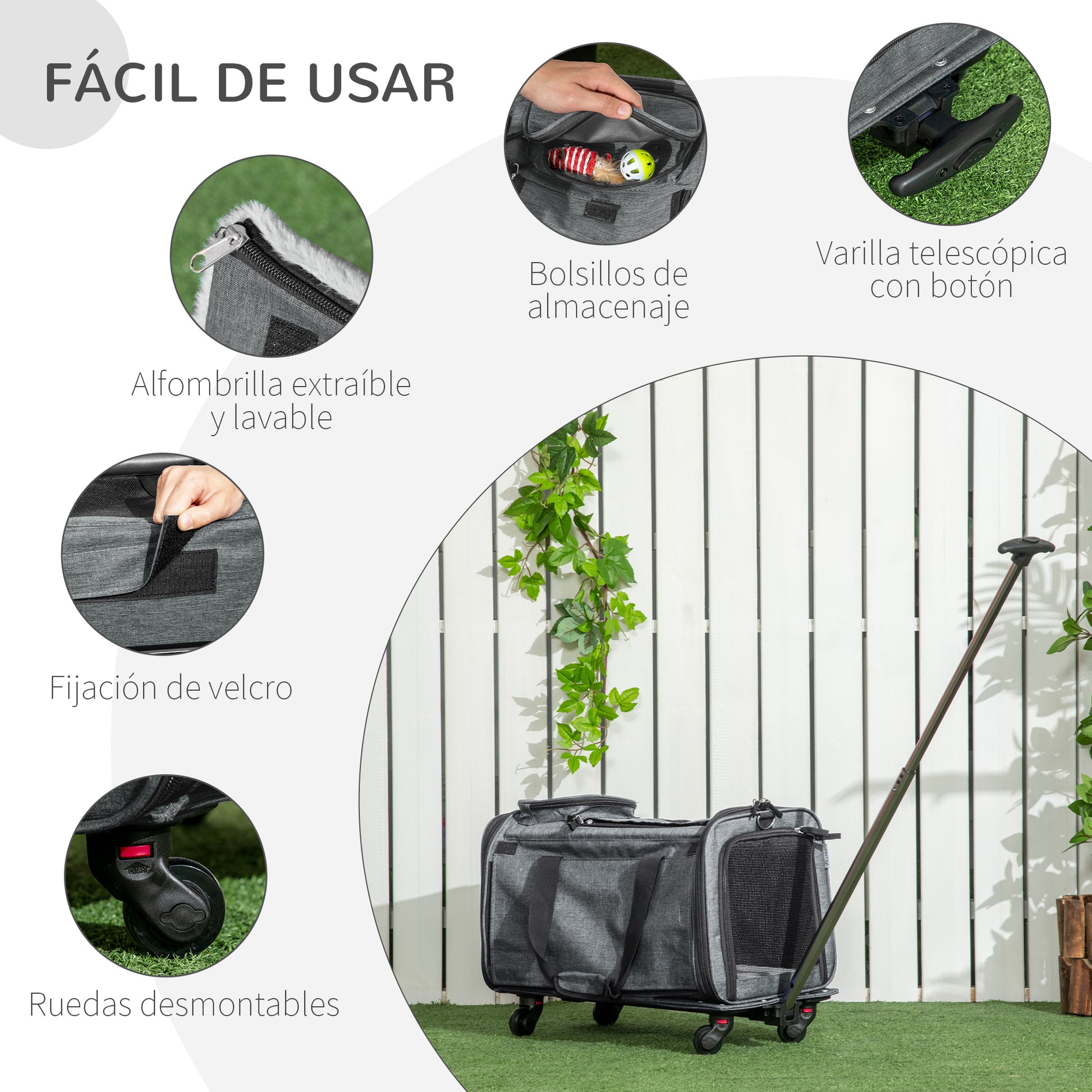 Pawhut 4 En 1 Transportadora Para Mascotas Con Ruedas 50x31x37 Cm Gris_5