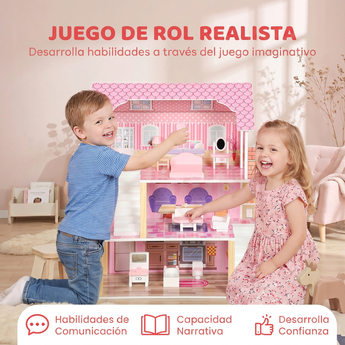 Aiyaplay Casa De Muñecas De Madera 3 Pisos Con Balcón Escaleras 10 Muebles Rosa_5