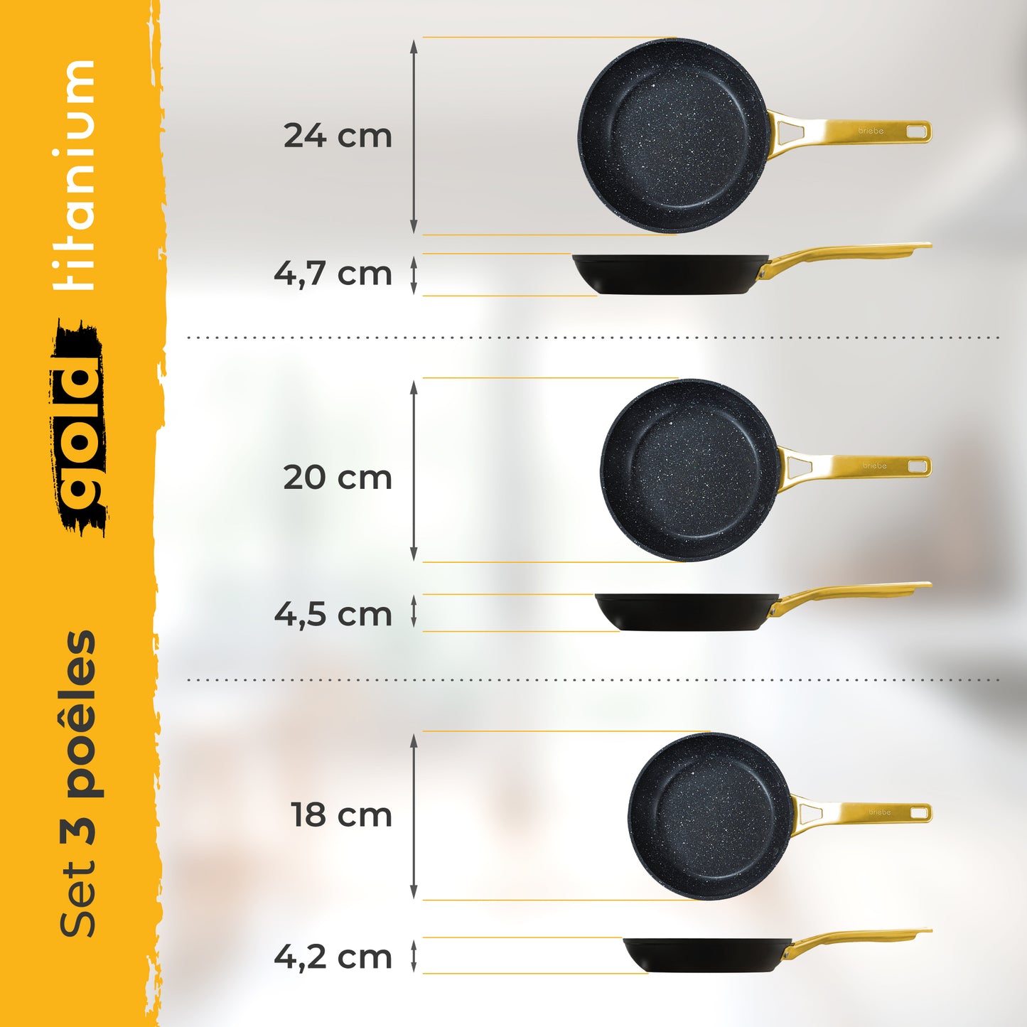 Briebe Set 3 Sartenes Antiadherentes Inducción Titanio 18-20-24cm, Aluminio Forjado Antiadherente, Gold Titanium_4