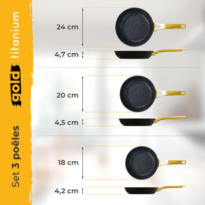 Briebe Set 3 Sartenes Antiadherentes Inducción Titanio 18-20-24cm, Aluminio Forjado Antiadherente, Gold Titanium_4