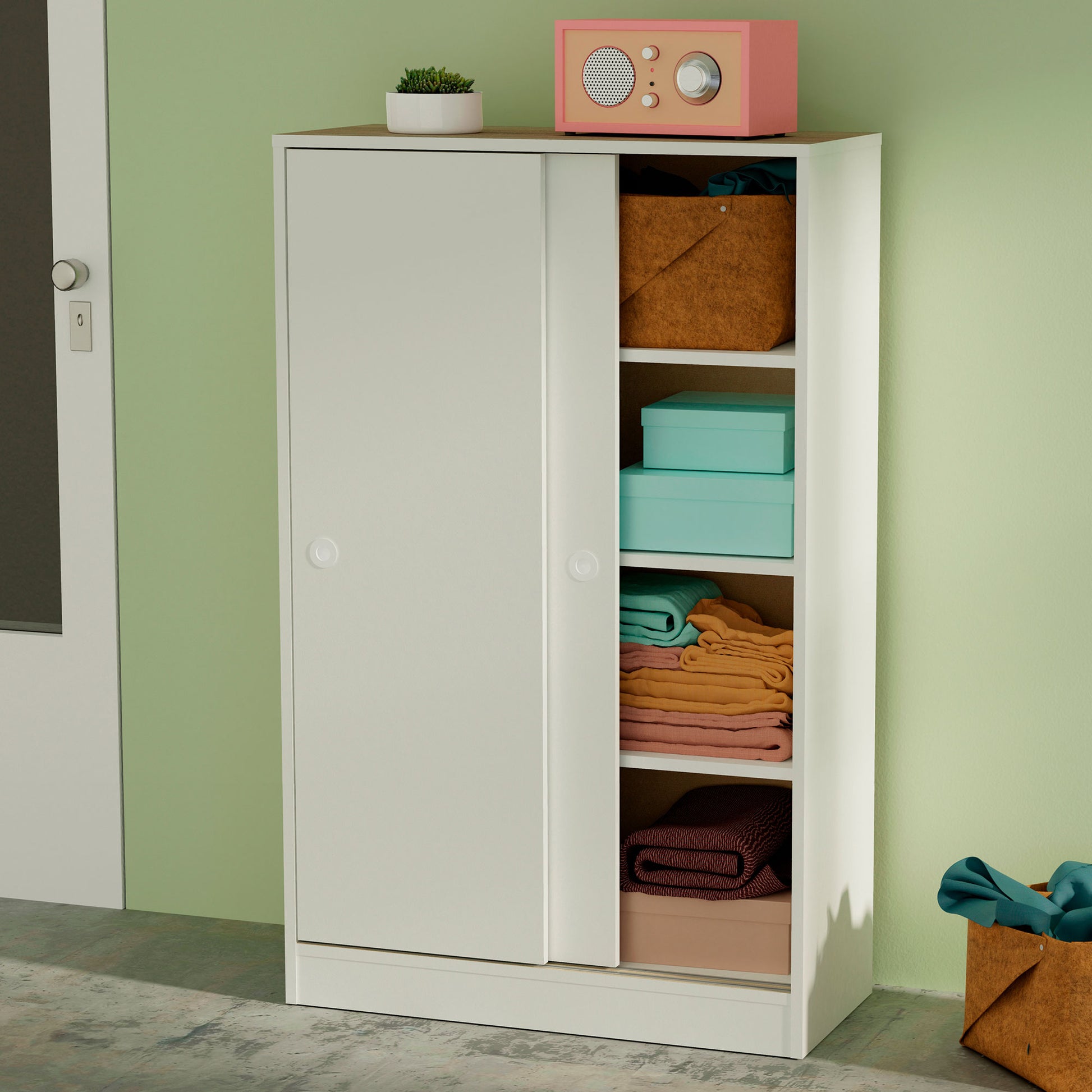 Armario Dormitorio, Multiusos, Baño, Mueble Cocina, Zapatero 2 Puertas Correderas 120x74x33 Cm, Briebe, Nova, Blanco