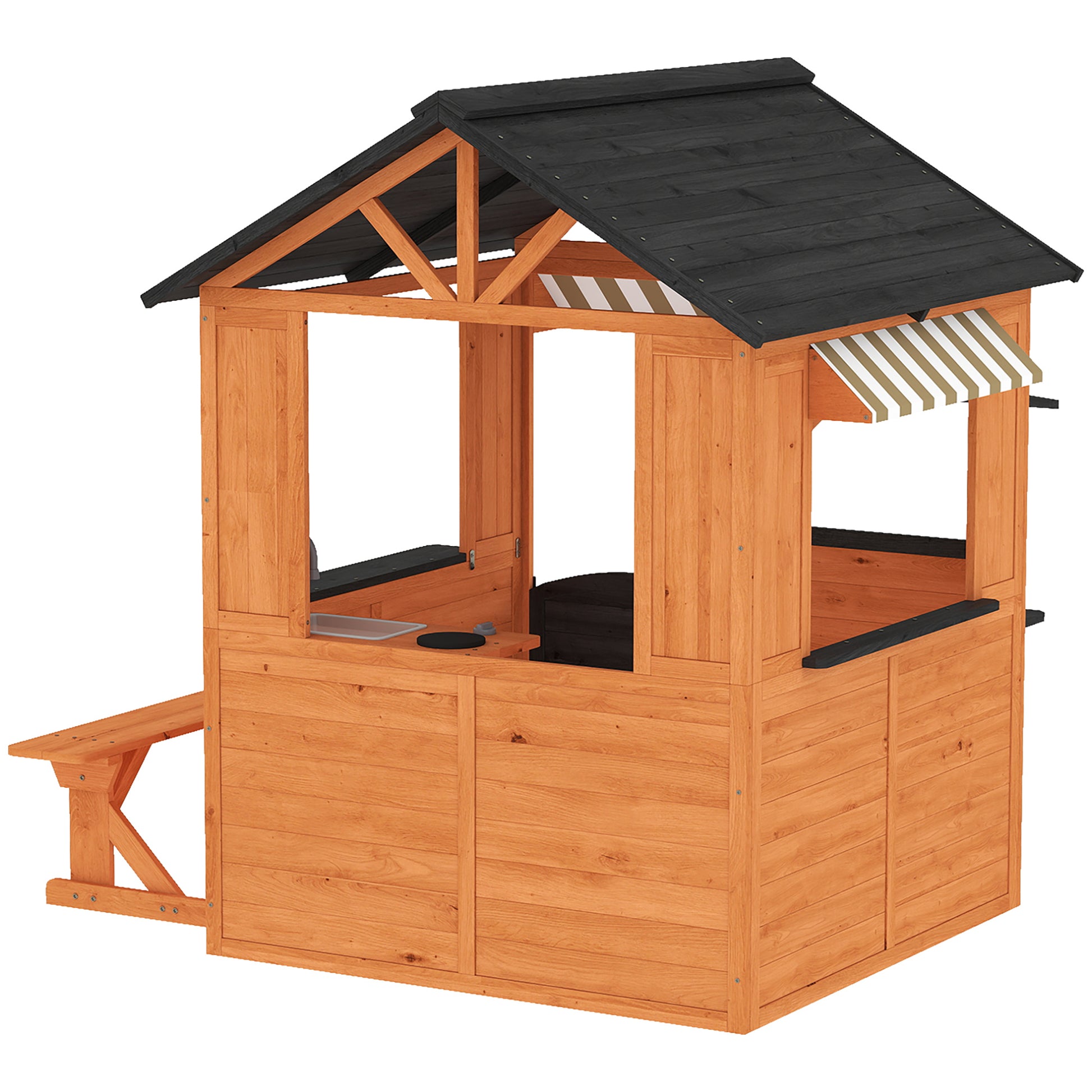 Aiyaplay Casita Infantil Exterior De Madera Con Cocina De Juguete Y Banco Marrón_3
