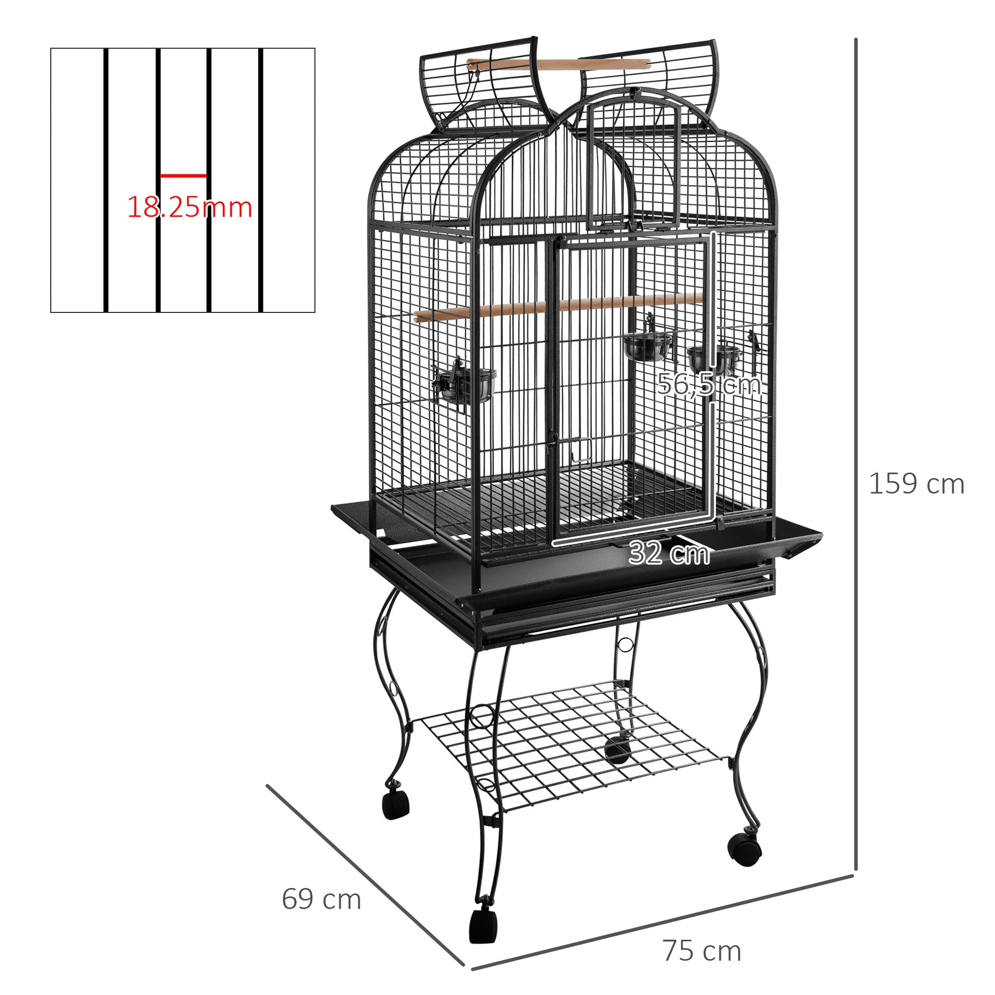 Pawhut Jaula De Pájaros Pajarera Con 2 Puertas Perchas Bandeja Ruedas 75x69x159_2