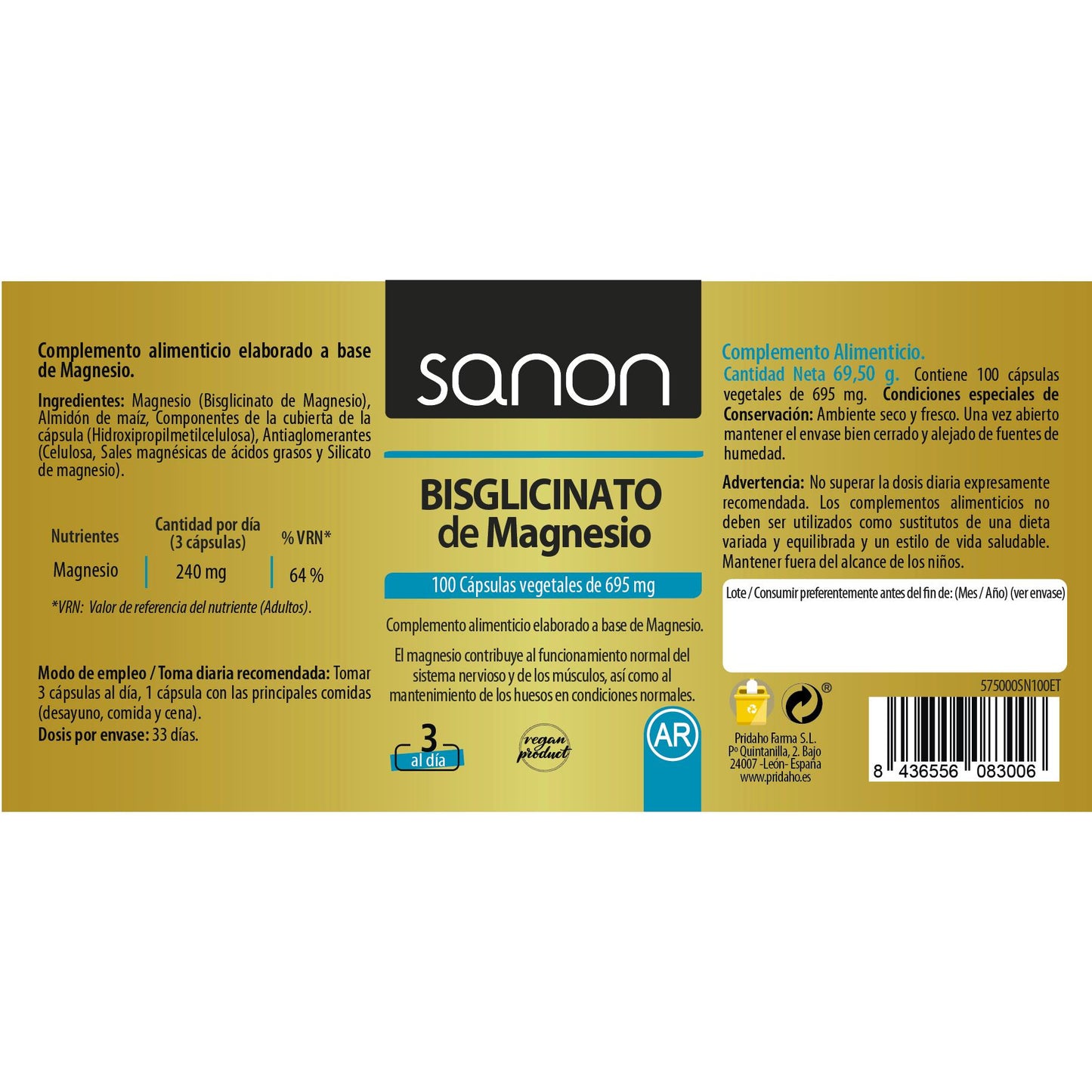 Bisglicinato Magnesio SANON 100 cápsulas vegetales 550 mg