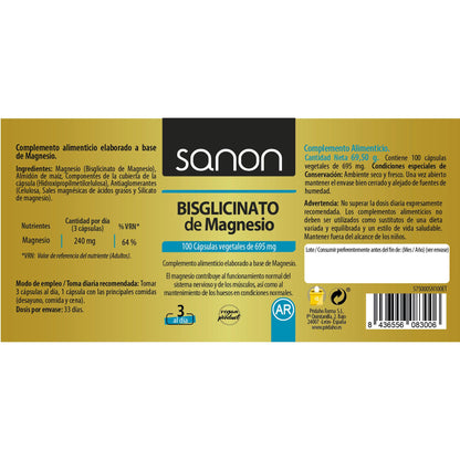 Bisglicinato Magnesio SANON 100 cápsulas vegetales 550 mg