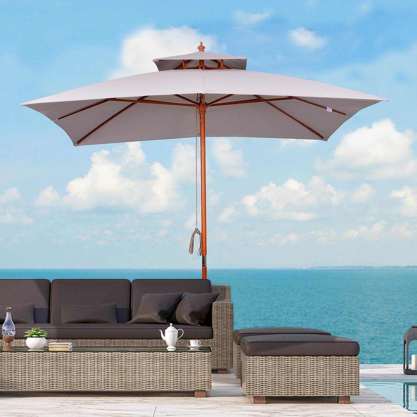 Outsunny Sombrilla De Jardín 3x3x3 M Con Doble Techo Sistema De Polea Gris_1